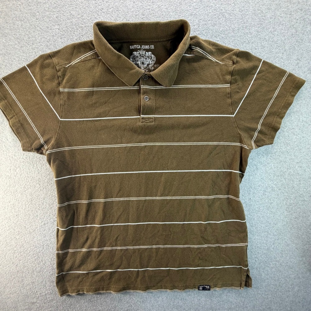 Nautica Jeans Co Mens XXL Olive Green White Striped Short Sleeve Polo Shirt 0861